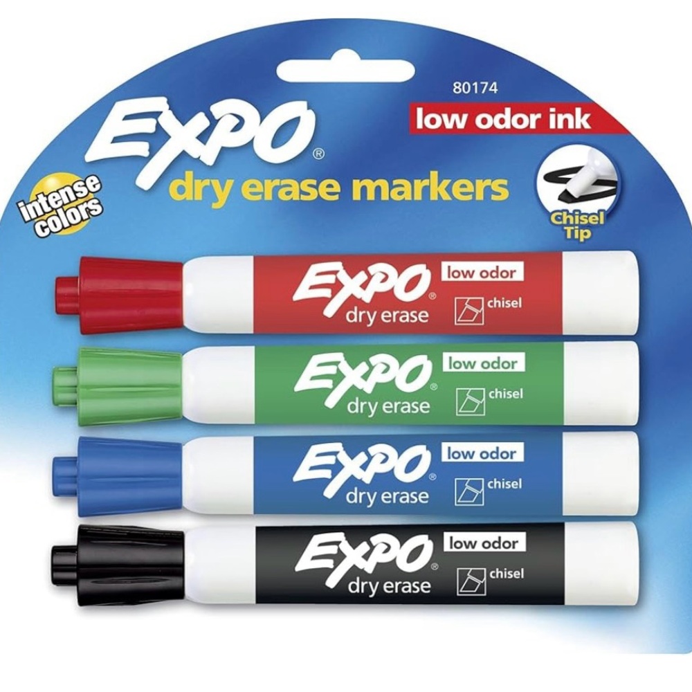 NEW EXPO Low-Odor Dry Erase Markers, Chisel Tip, Assorted Colors, 4-Count